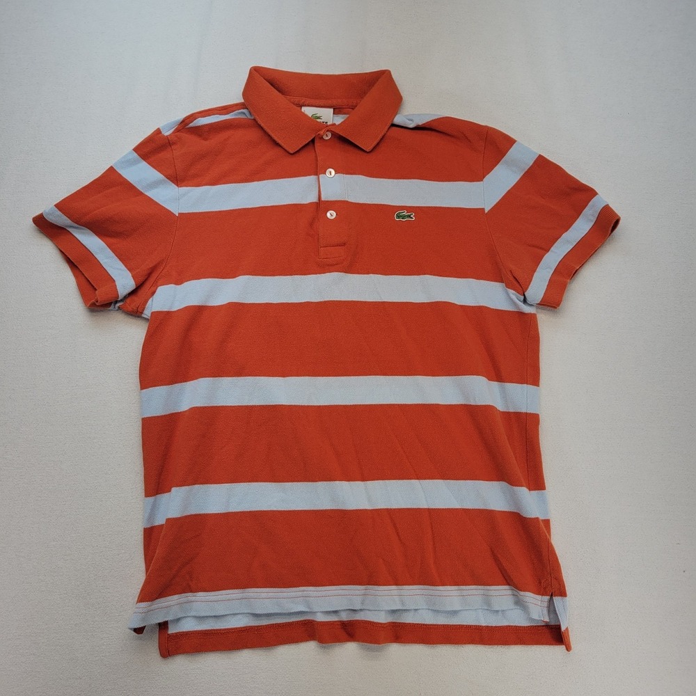 Lacoste Polo Shirt Adult Mens 5 Orange Striped Short Sleeve Quarter Button Up